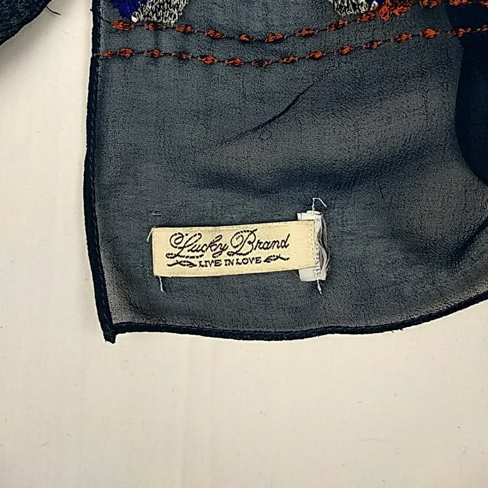 Lucky Brand Navy Scarf with Blue White and Orange Embroidery